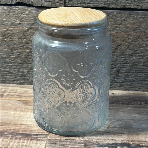 Glass Storage Jar with Wooden Lid Airtight Seal Intricate Design Great for Decor - Picture 3 of 10